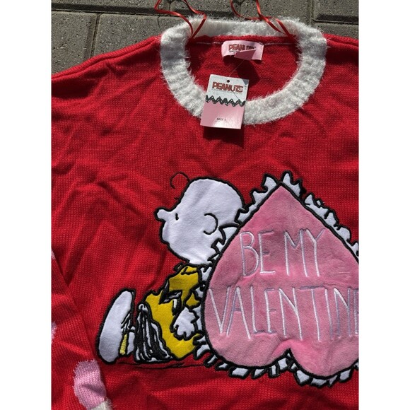 PEANUTS Charlie Brown Be My Valentine Knit Sweater in Red/White Sz LARGE NWT - Picture 3 of 7